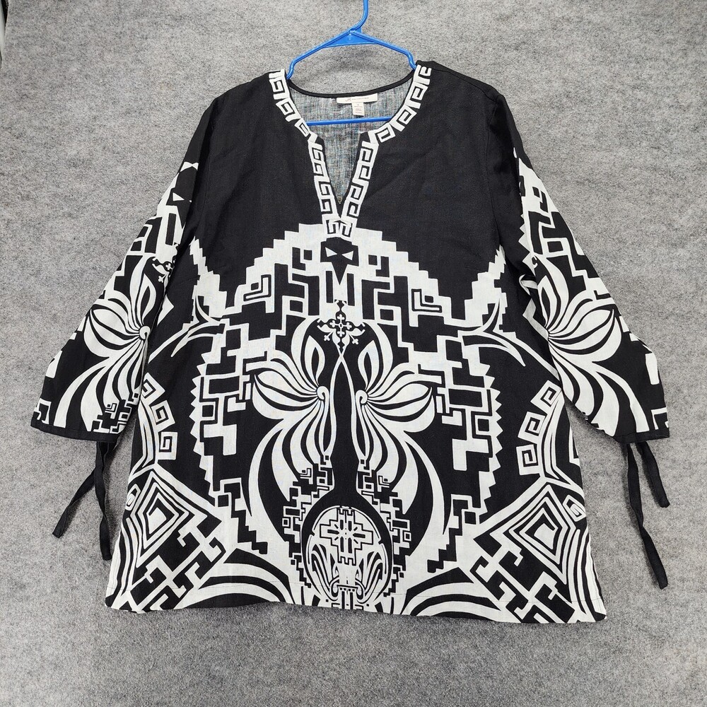 JM Collection Shirt Womens 18 100% Linen Black White V Neck